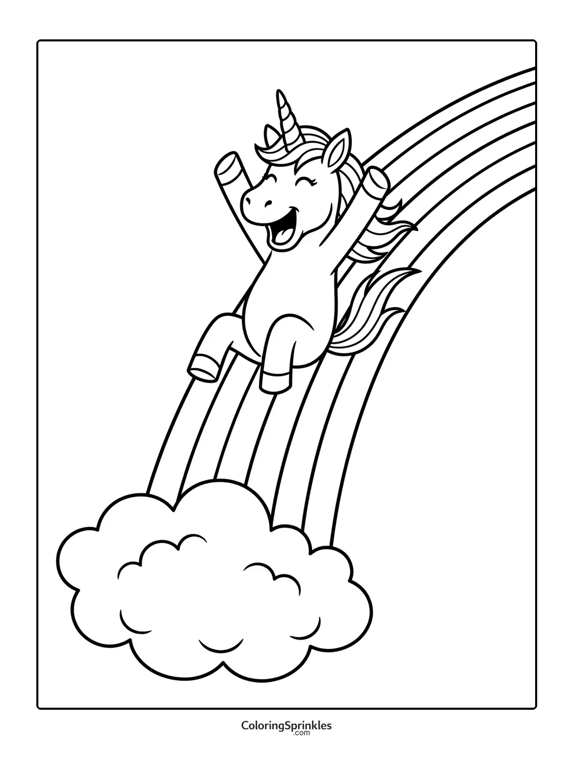 Coloring page of a happy unicorn sliding down a rainbow from a cloud