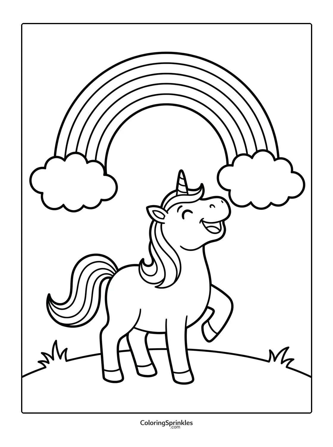 Coloring page of a happy unicorn standing on a hill under a rainbow with clouds