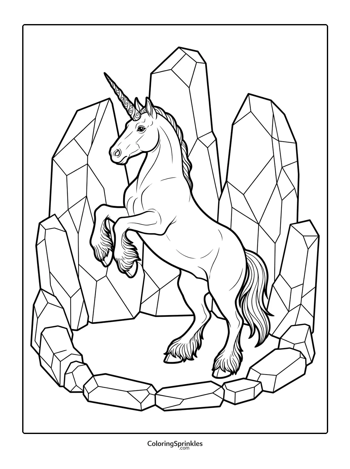 Coloring page of a unicorn rearing among large crystals