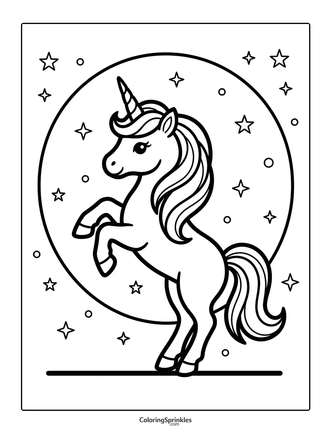 Coloring page of a unicorn rearing in front of the moon with stars