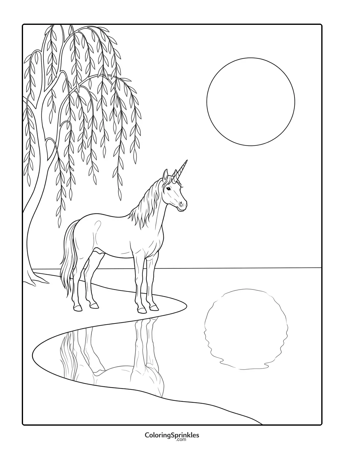 Coloring page of a unicorn standing by a lake with its reflection and a willow tree