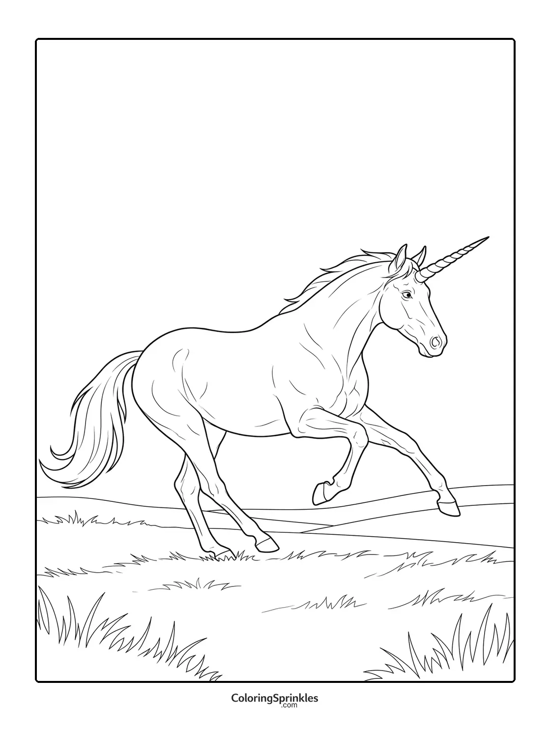 Coloring page of a unicorn running in a grassy field
