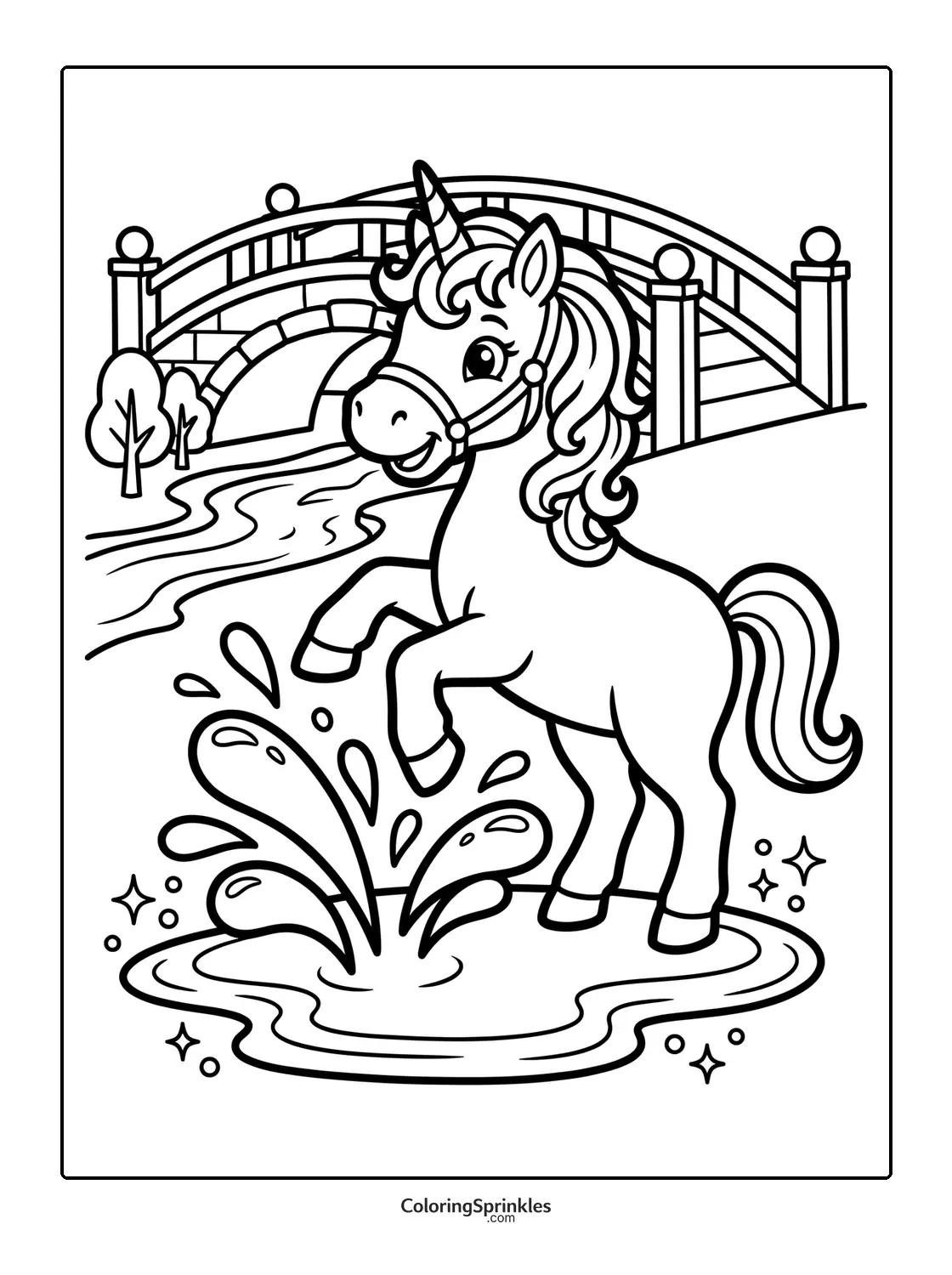 Coloring page of a unicorn splashing water near a bridge with trees