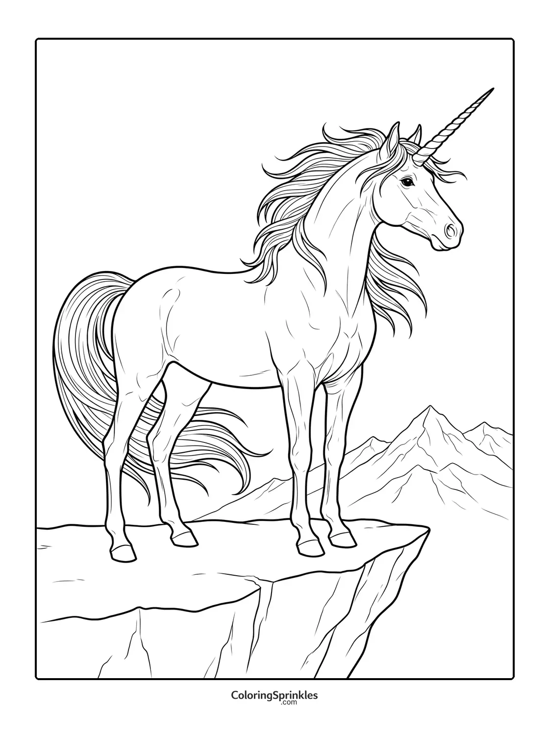 Coloring page of a unicorn standing on a cliff with mountains in the background