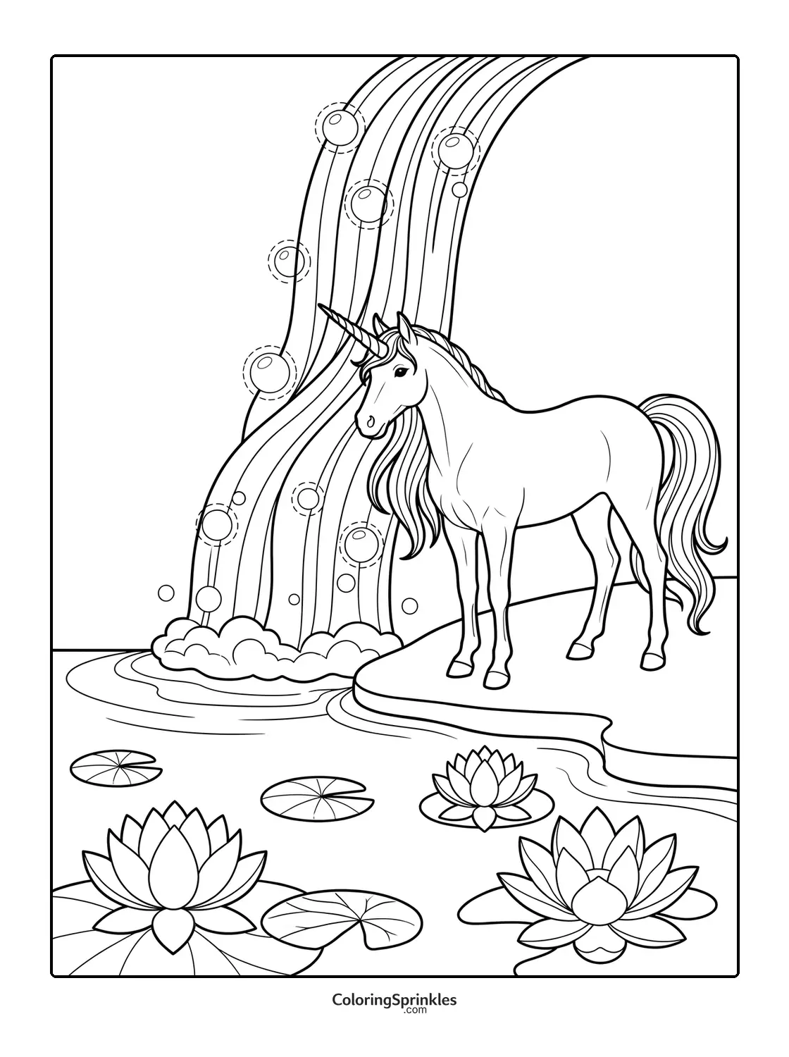 Coloring page of a unicorn standing by a waterfall and lotus pond