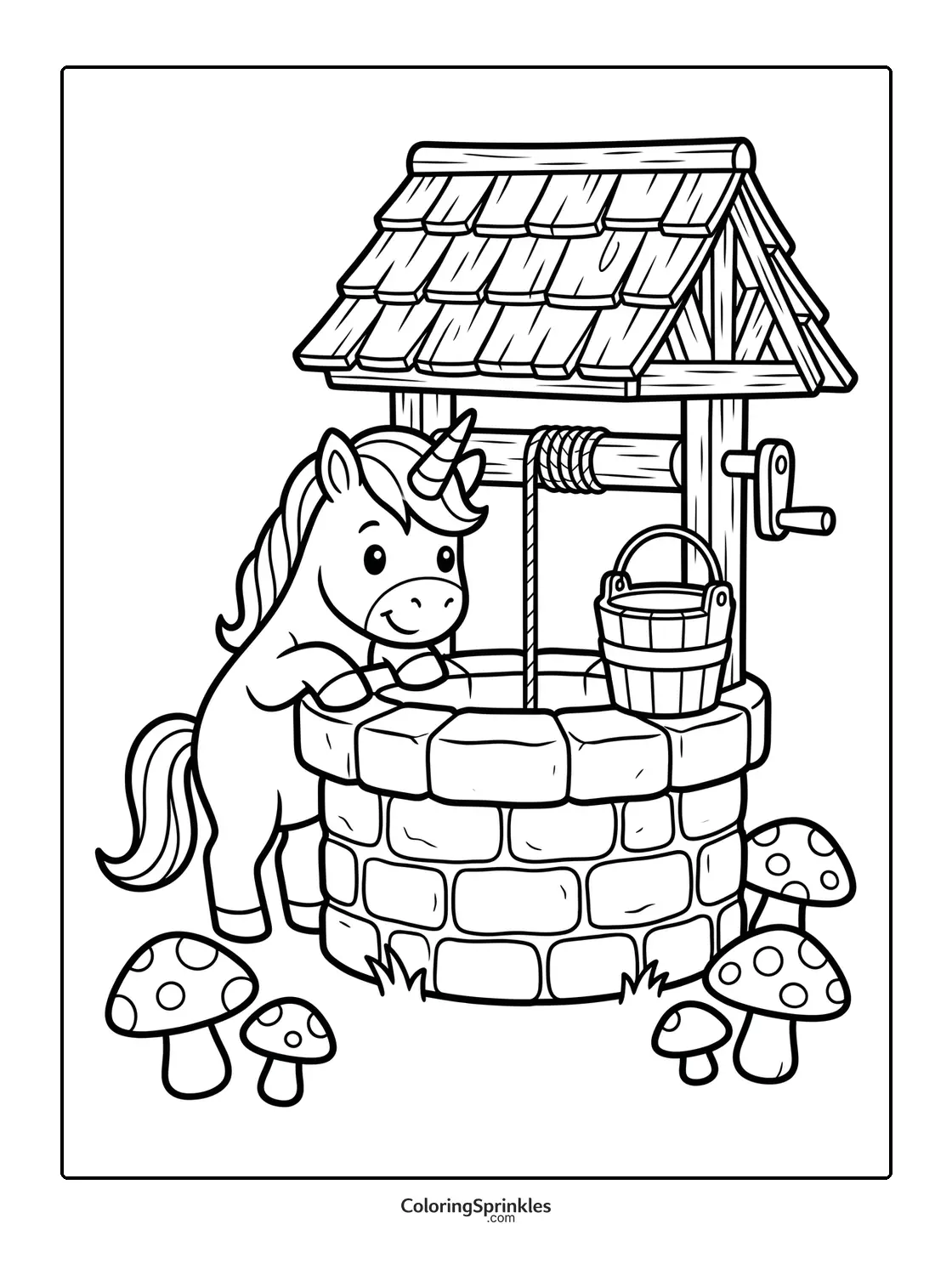 Coloring page of a unicorn by a stone well with mushrooms