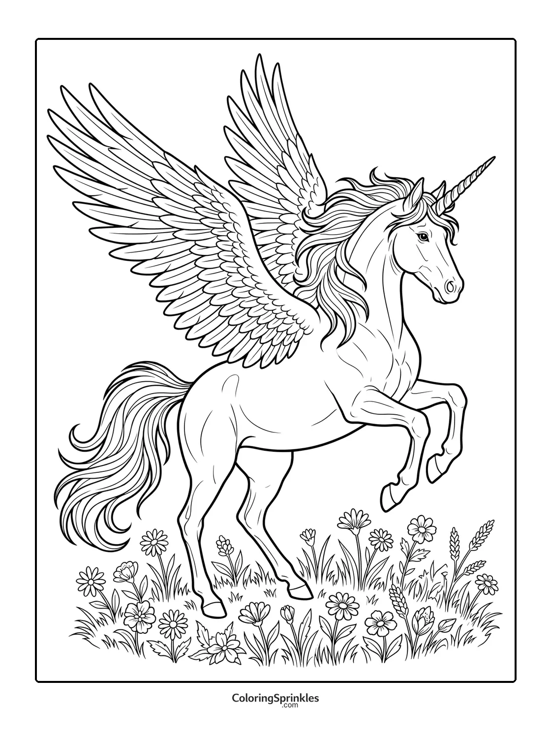 Coloring page of a winged unicorn rearing in a flower meadow