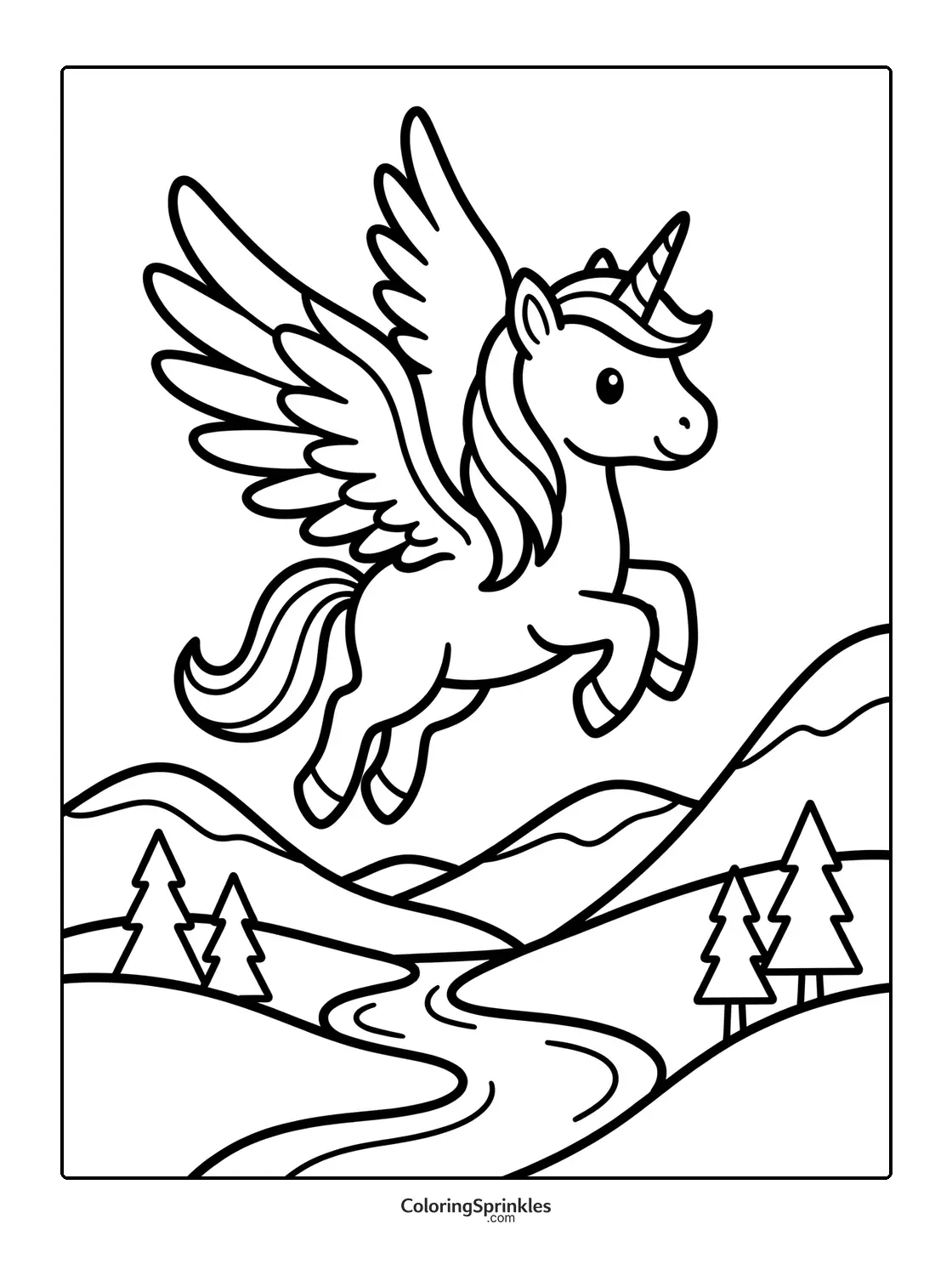 Coloring page of a winged unicorn flying over a river and mountains