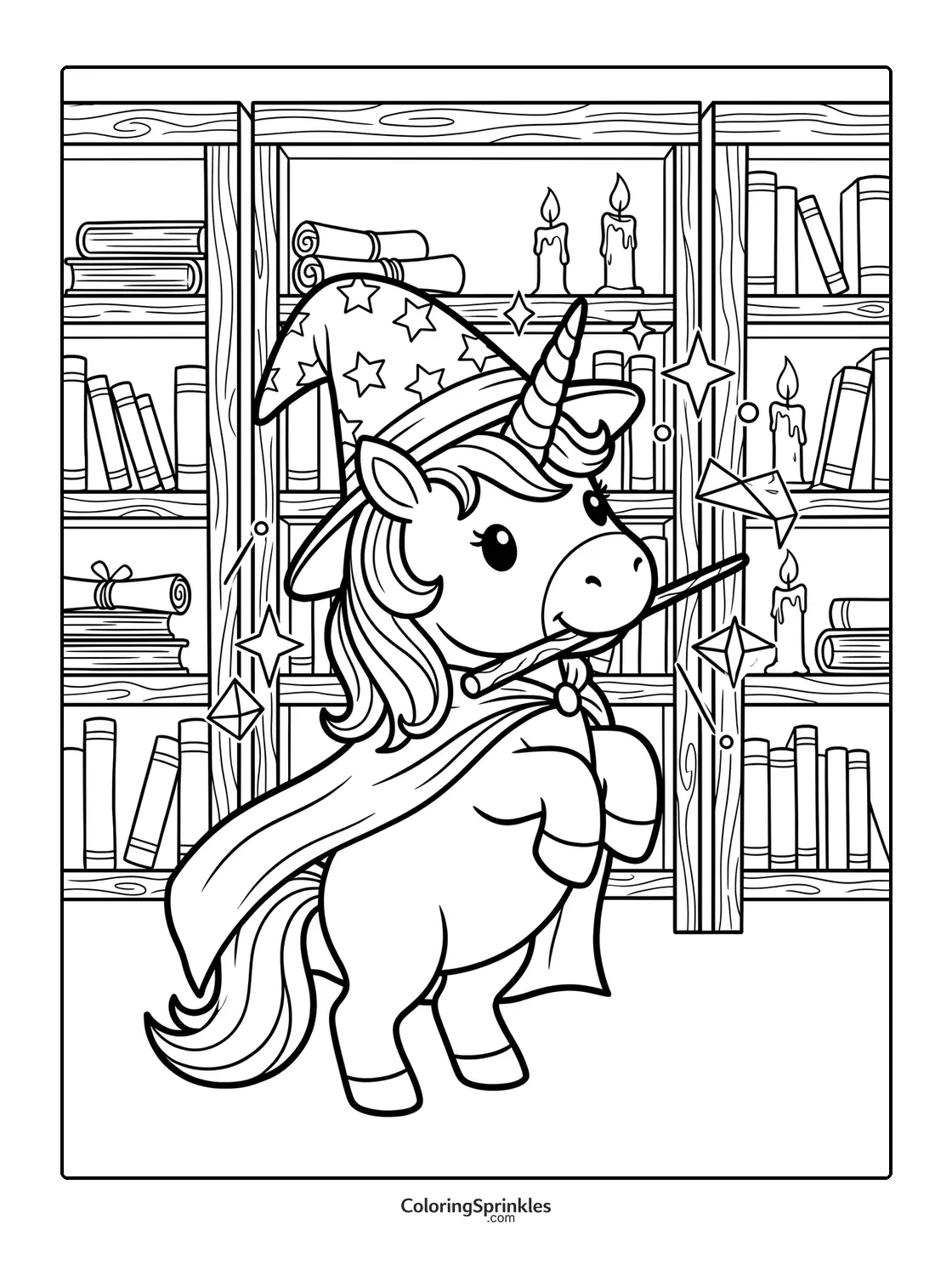Coloring page of a unicorn wizard casting magic in a library