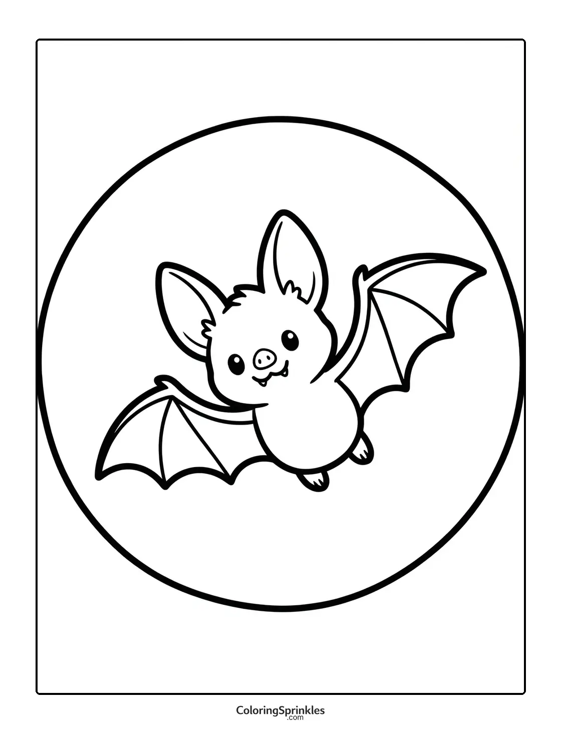 Coloring page of a cute bat flying inside a circle frame