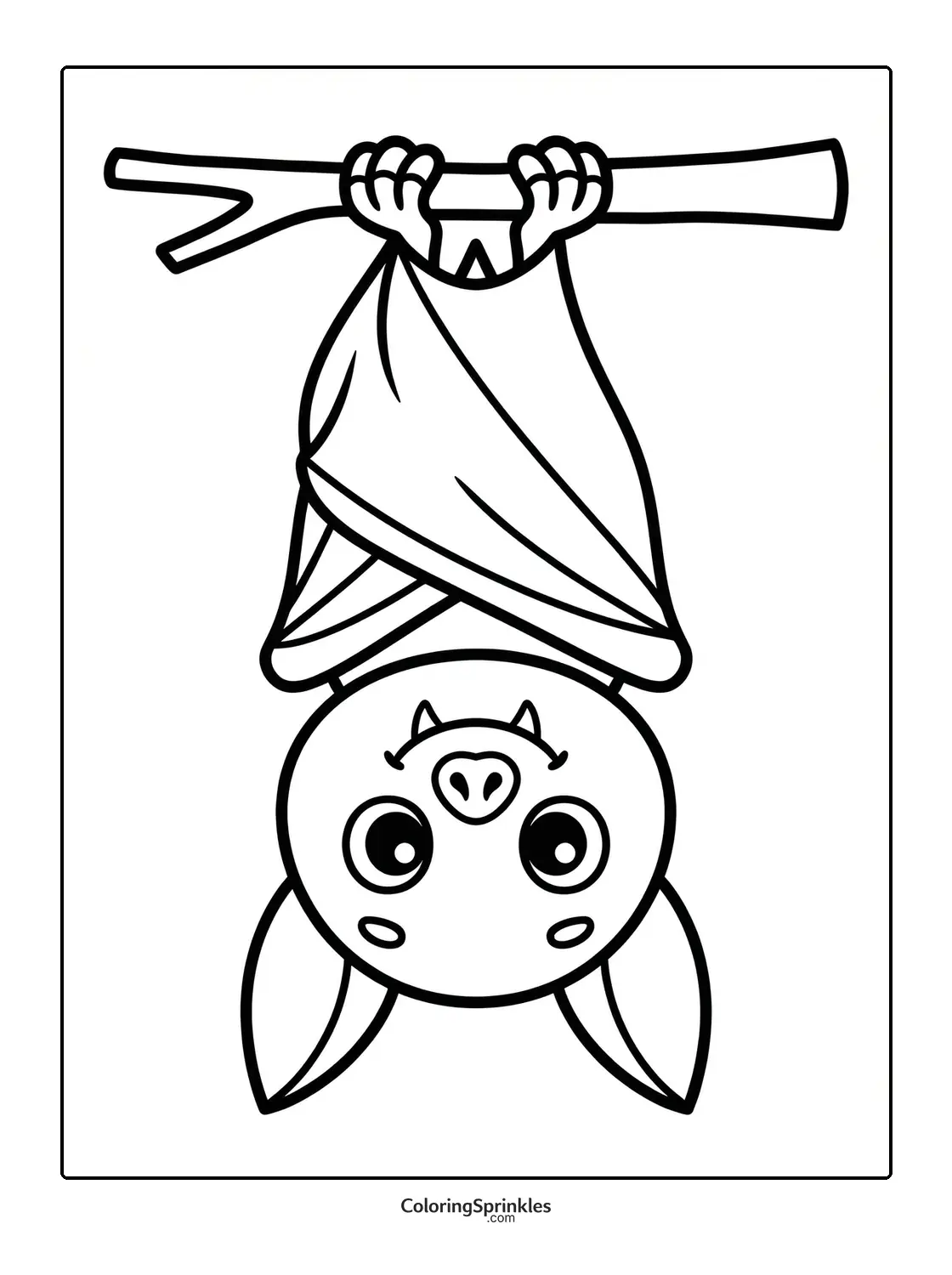 Coloring page of a cute bat hanging upside down from a branch