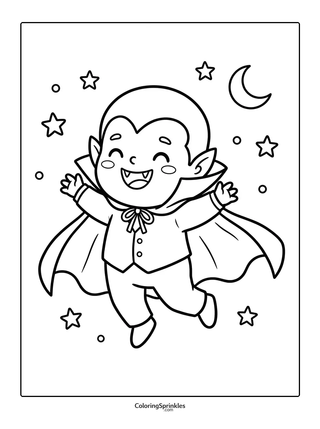 Coloring page of a cute vampire child flying with stars and moon