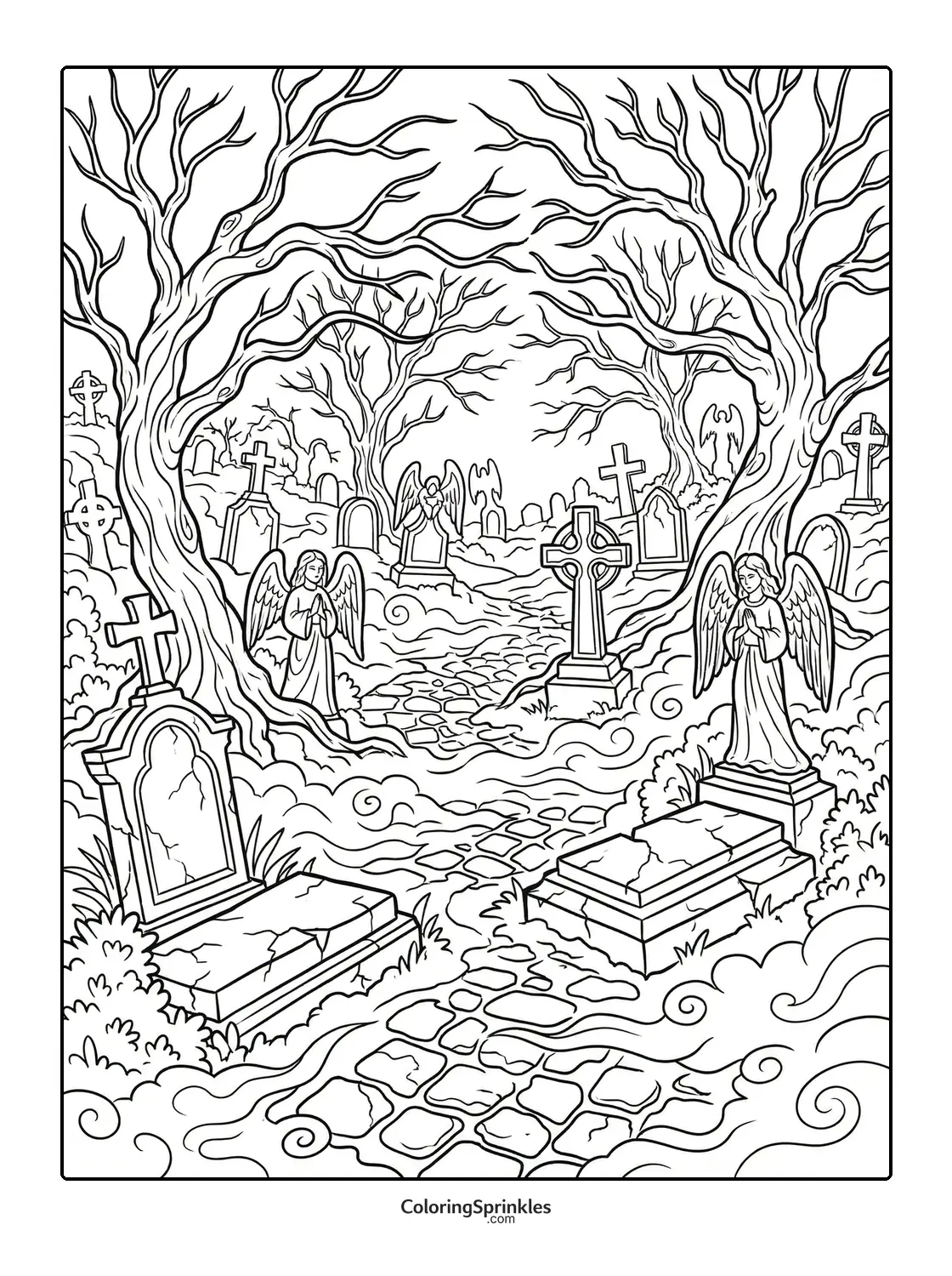 Coloring page of a graveyard with angels, tombstones, and bare trees