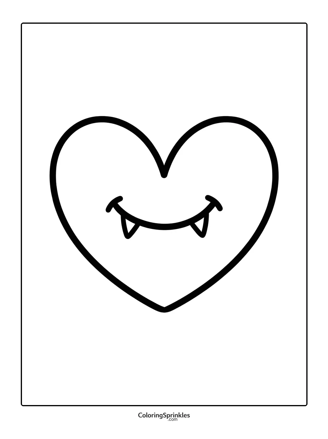 Coloring page of a heart with vampire fangs and a smile