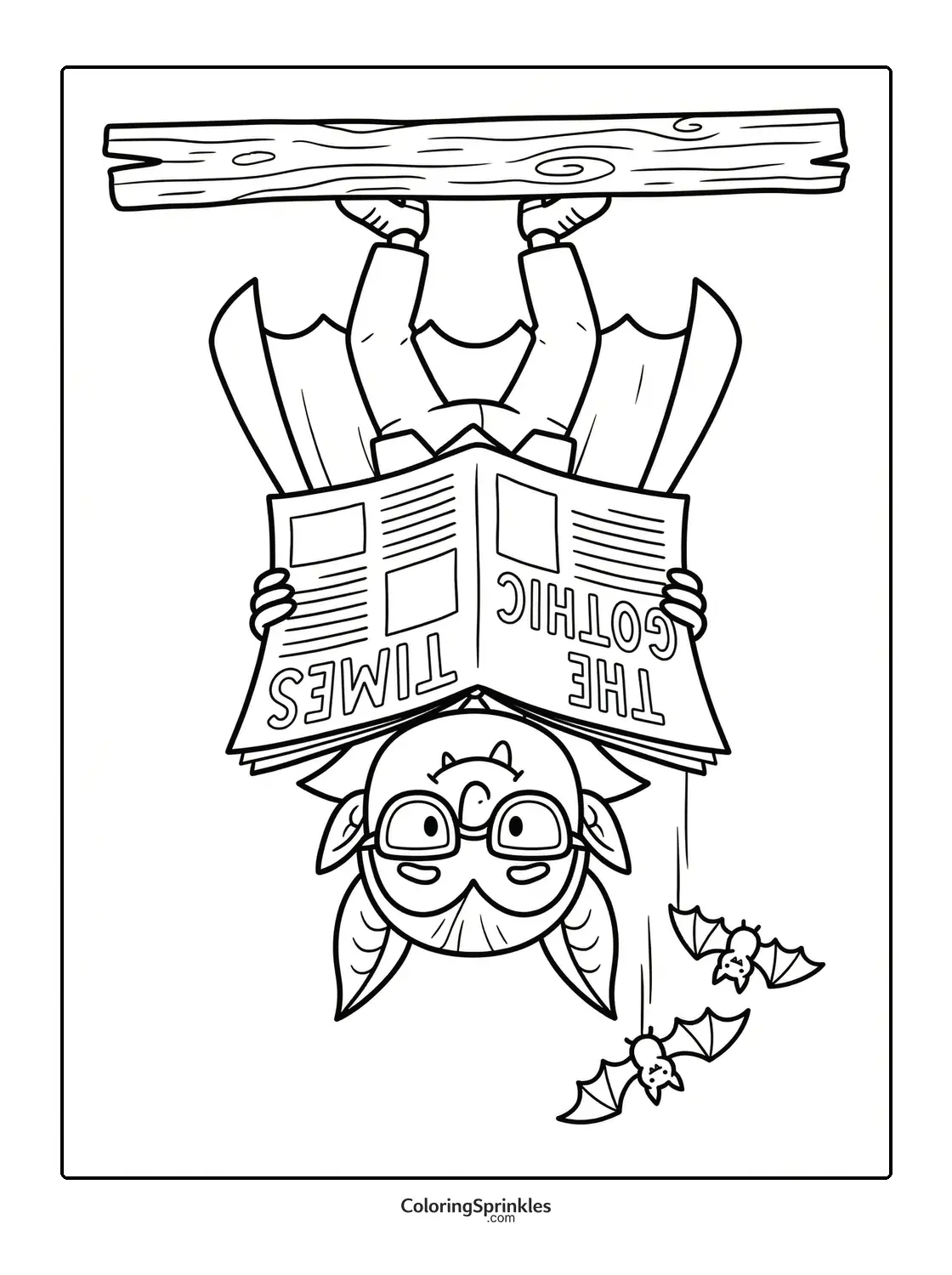 Coloring page of a vampire bat hanging upside down reading a newspaper