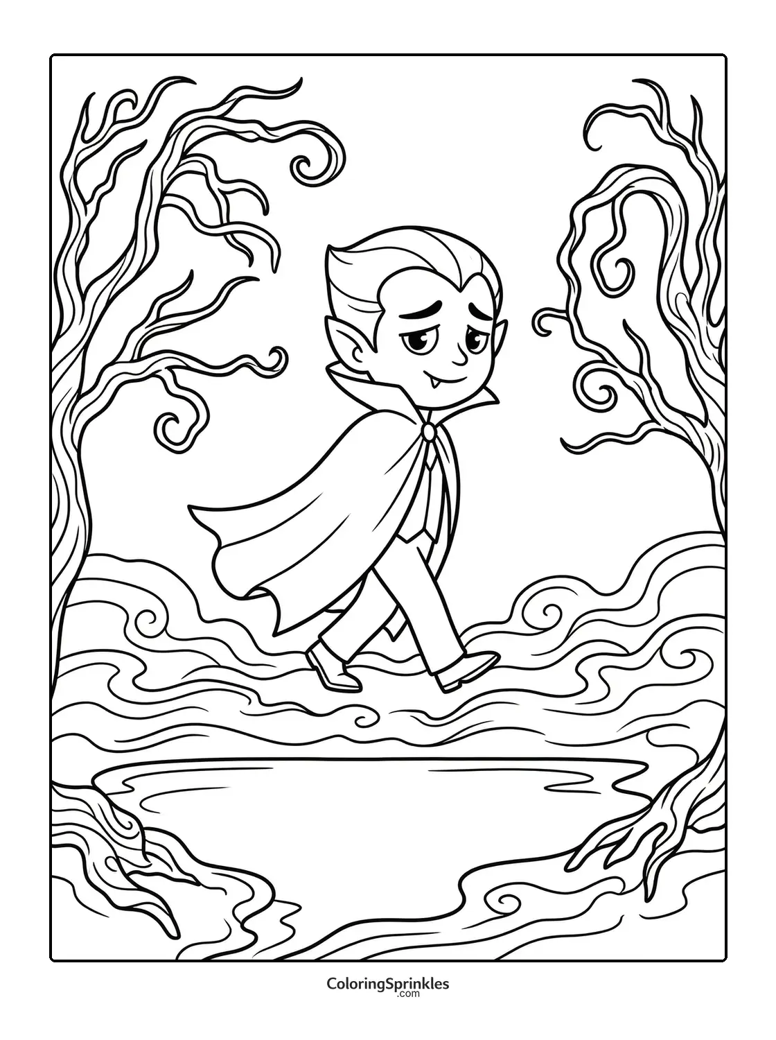 Coloring page of a vampire boy floating over water between spooky trees