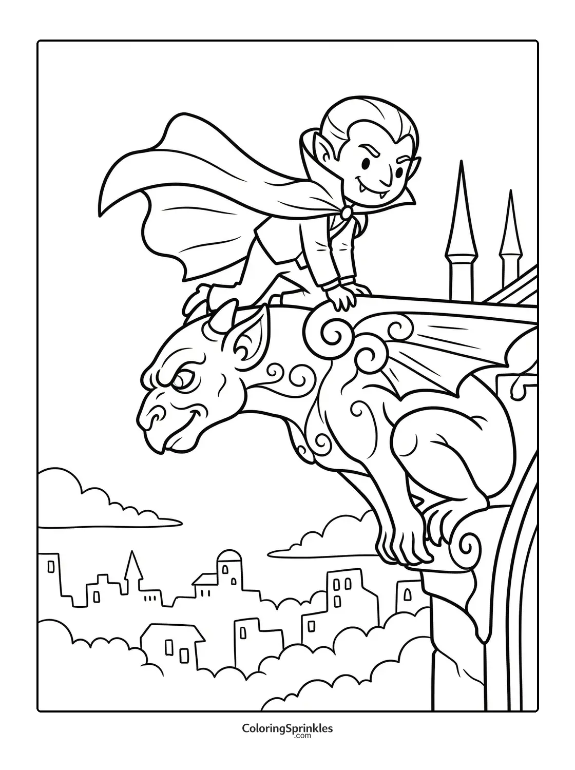Coloring page of a vampire boy climbing on a gargoyle on a rooftop with a cityscape