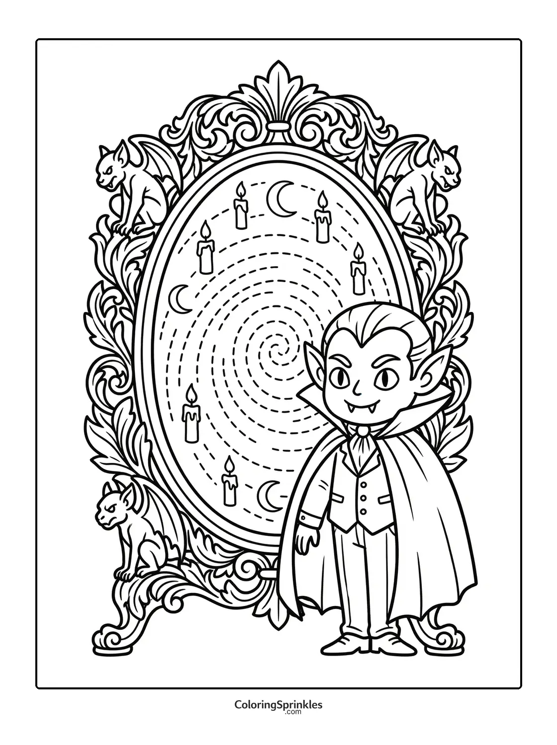 Coloring page of a vampire boy standing next to a magical mirror with gargoyles