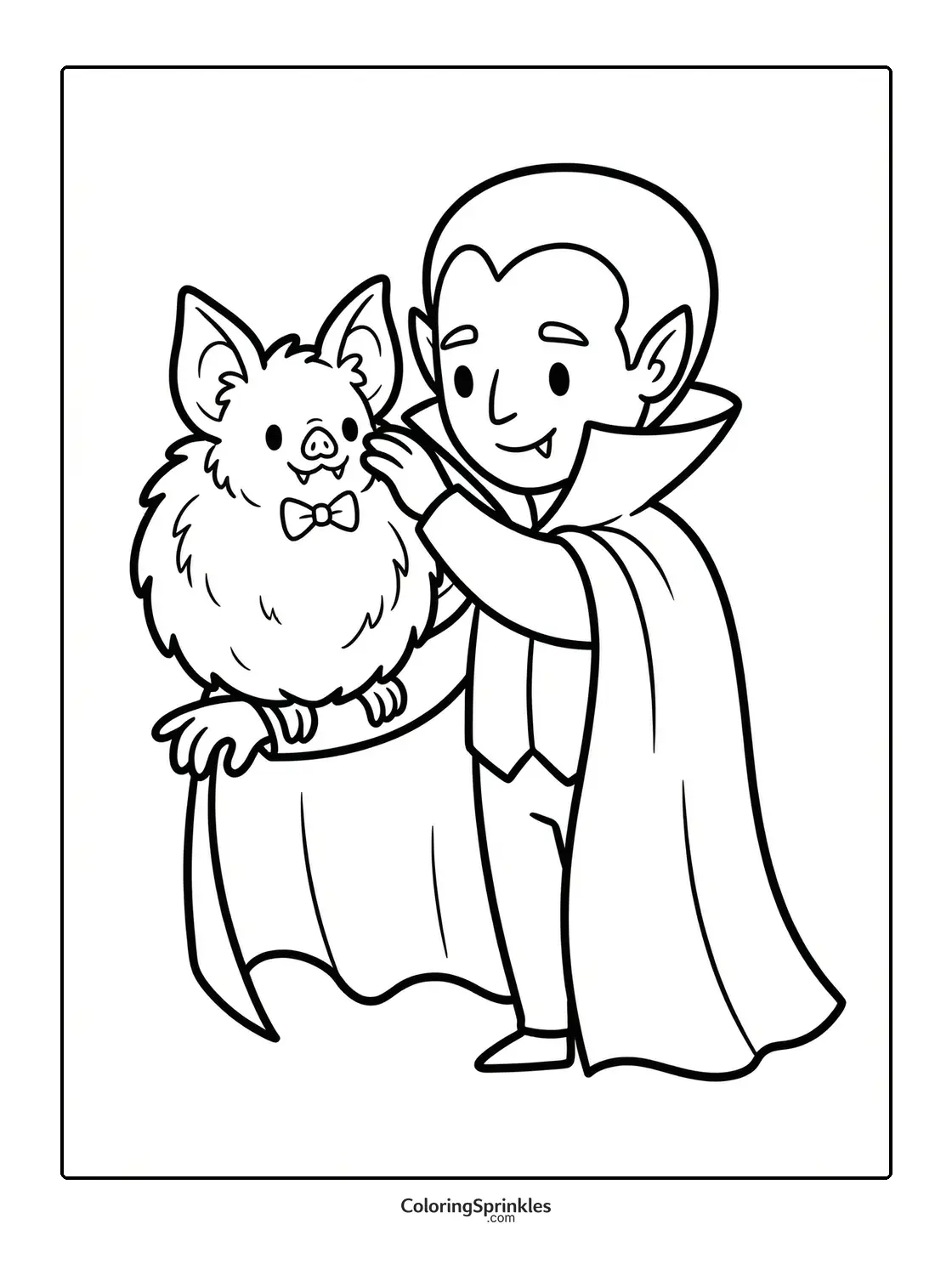 Coloring page of a vampire boy petting a bat on his cape