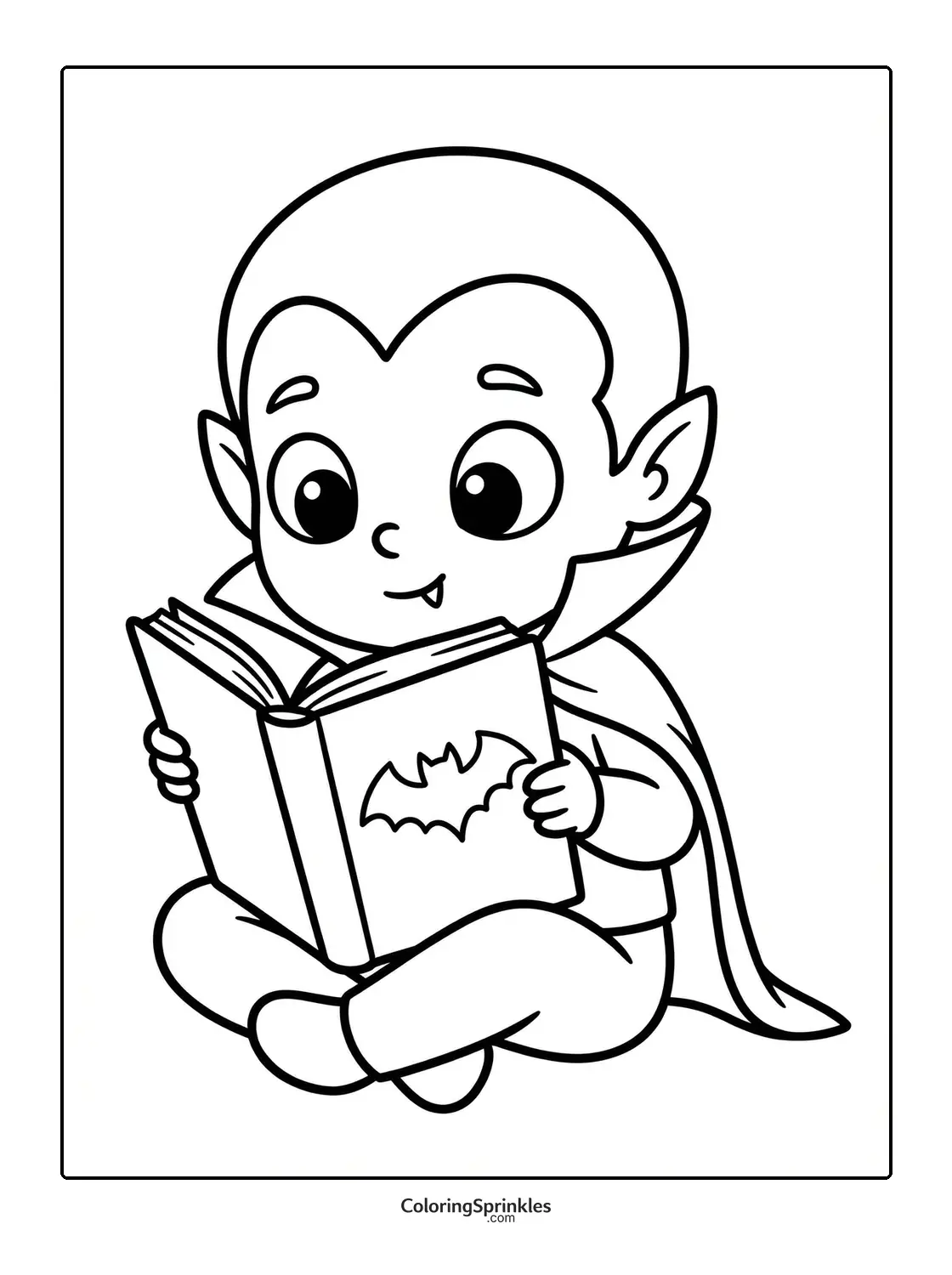 Coloring page of a vampire boy reading a book with a bat symbol