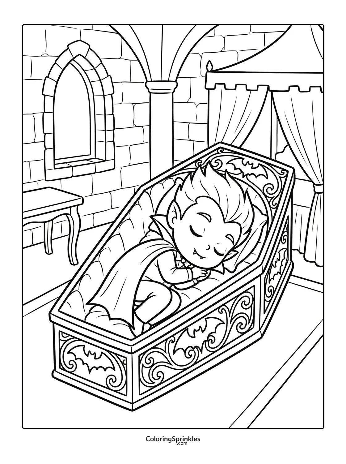 Coloring page of a vampire boy sleeping in a coffin inside a castle