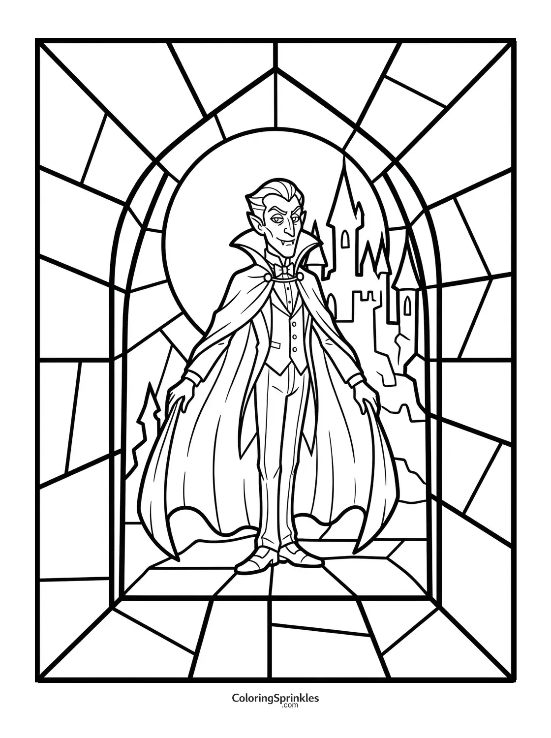 Coloring page of a vampire with a cape standing in front of a castle through a stained glass window
