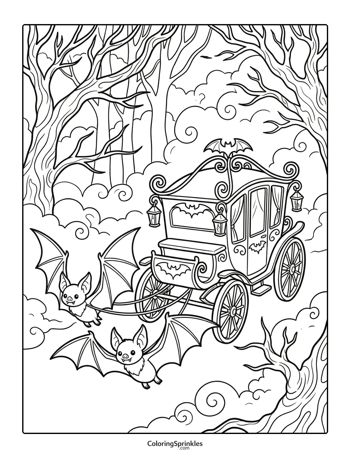 Coloring page of a vampire carriage pulled by bats in a spooky forest