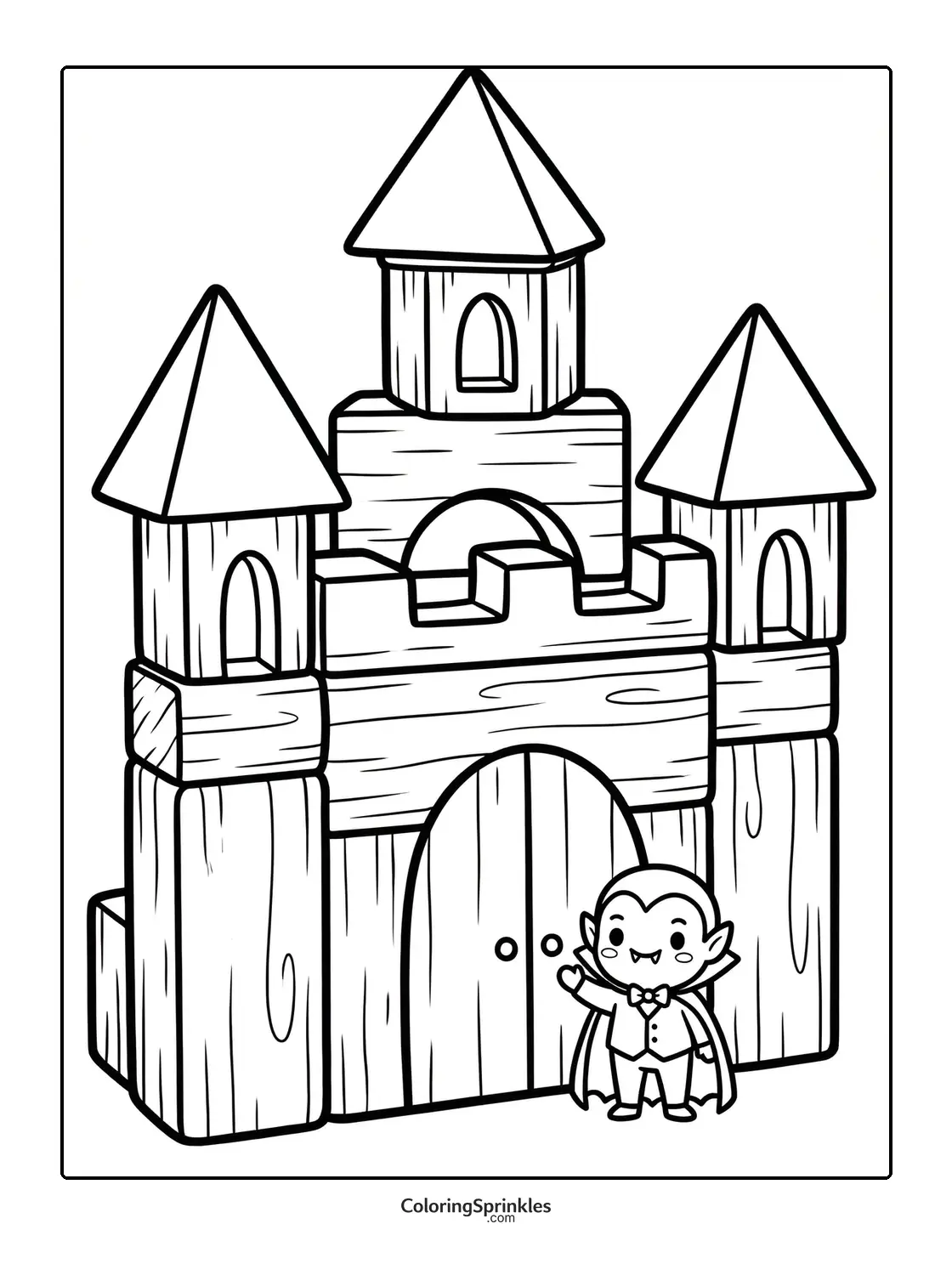 Coloring page of a cute vampire standing next to a wooden block castle