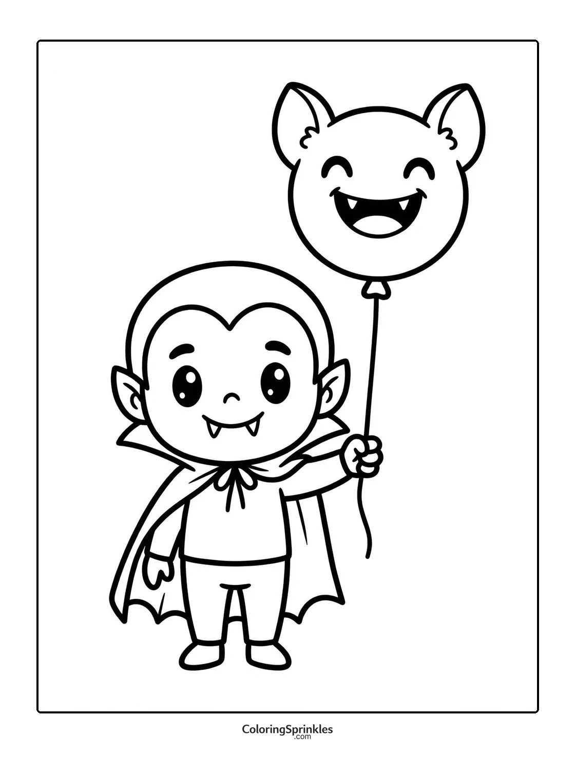 Coloring page of a smiling child vampire holding a bat-shaped balloon