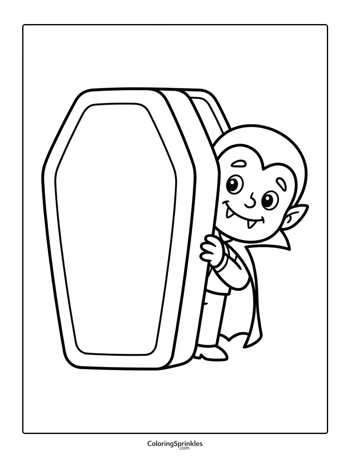 Coloring page of a vampire child peeking from behind a coffin