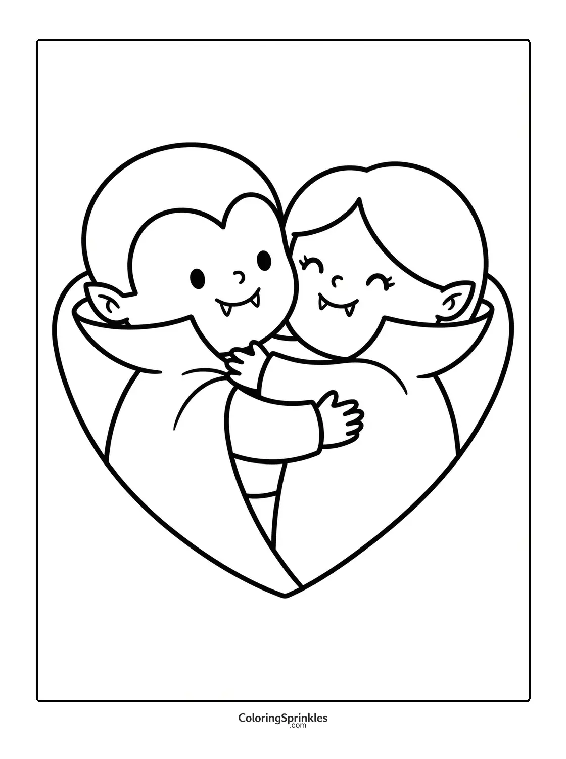 Coloring page of a vampire couple hugging inside a heart