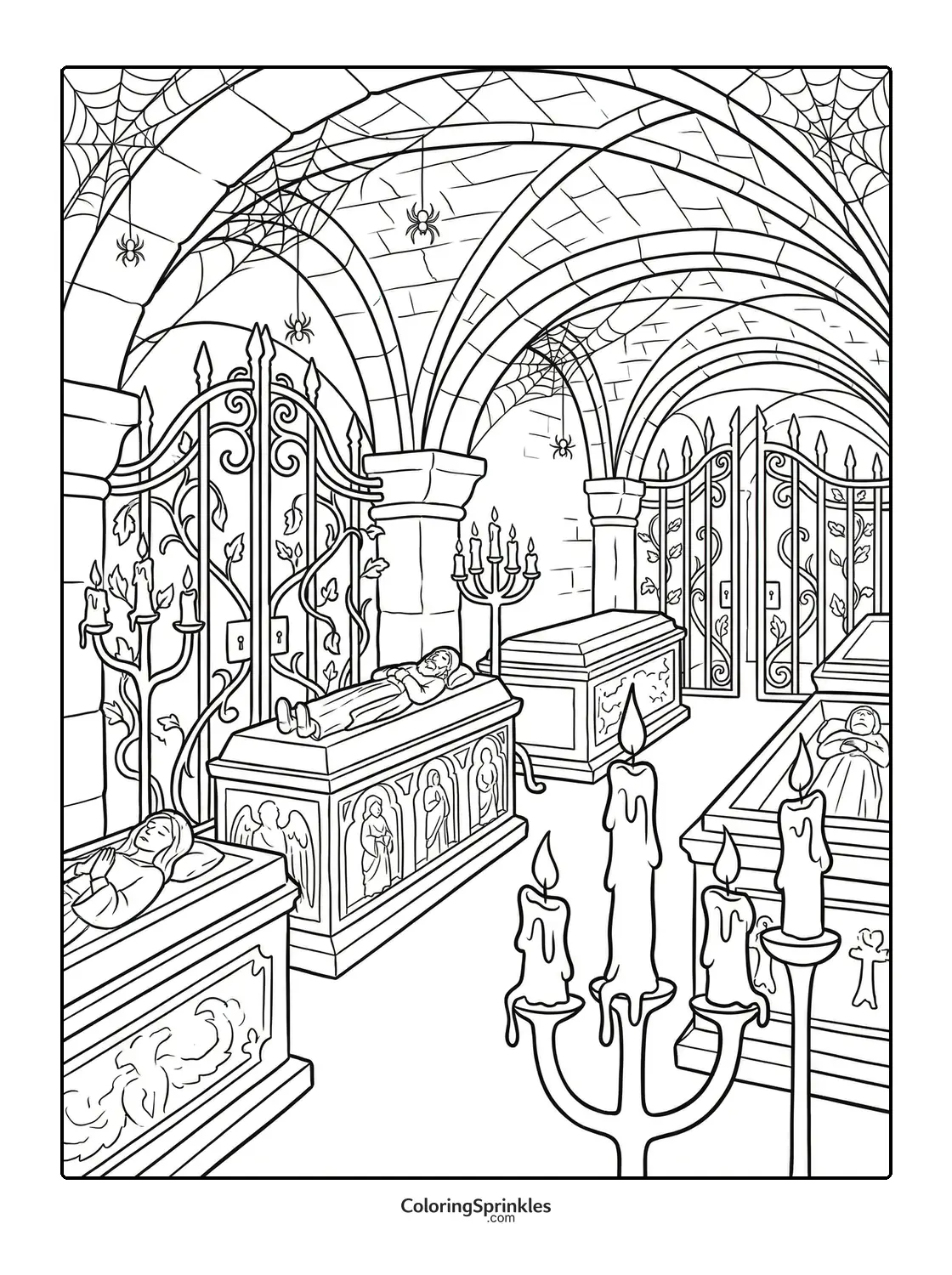 Coloring page of a vampire crypt with sarcophagi, candles, and spiders