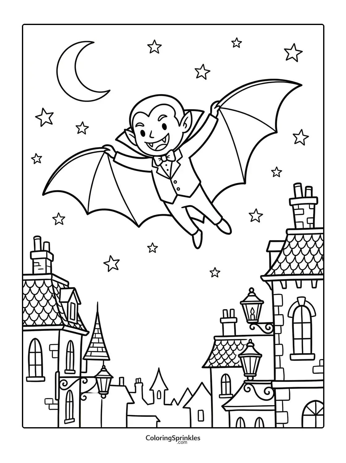 Coloring page of a vampire flying at night over city rooftops