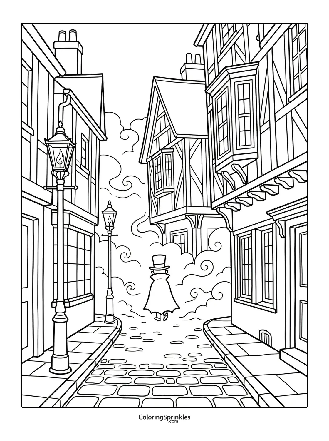 Coloring page of a vampire walking through a foggy street with old buildings