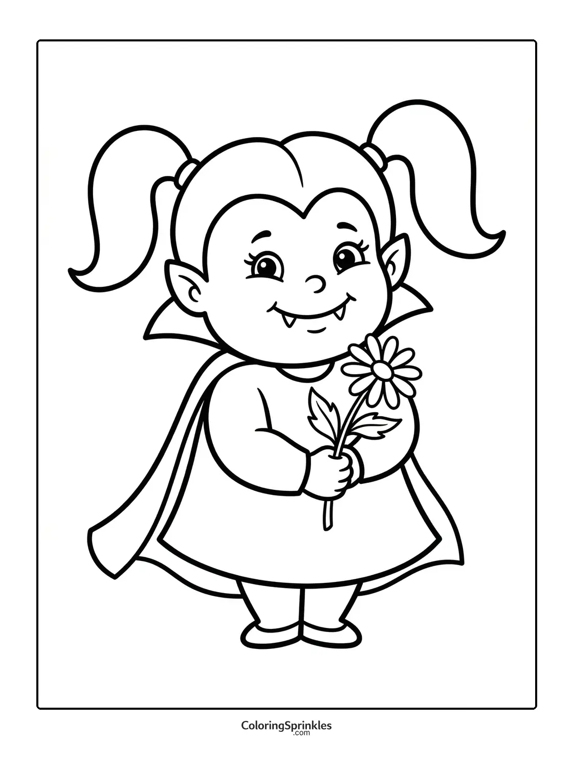 Coloring page of a vampire girl holding a flower and wearing a cape