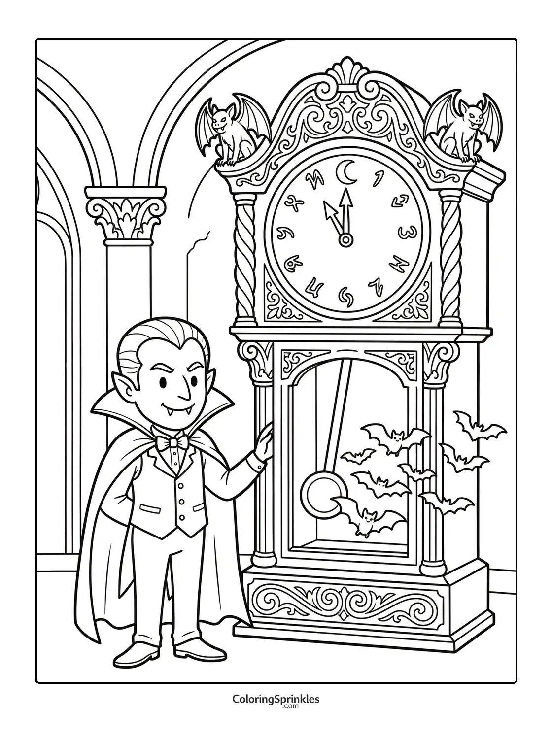 Coloring page of a vampire standing next to a grandfather clock with bats in a castle