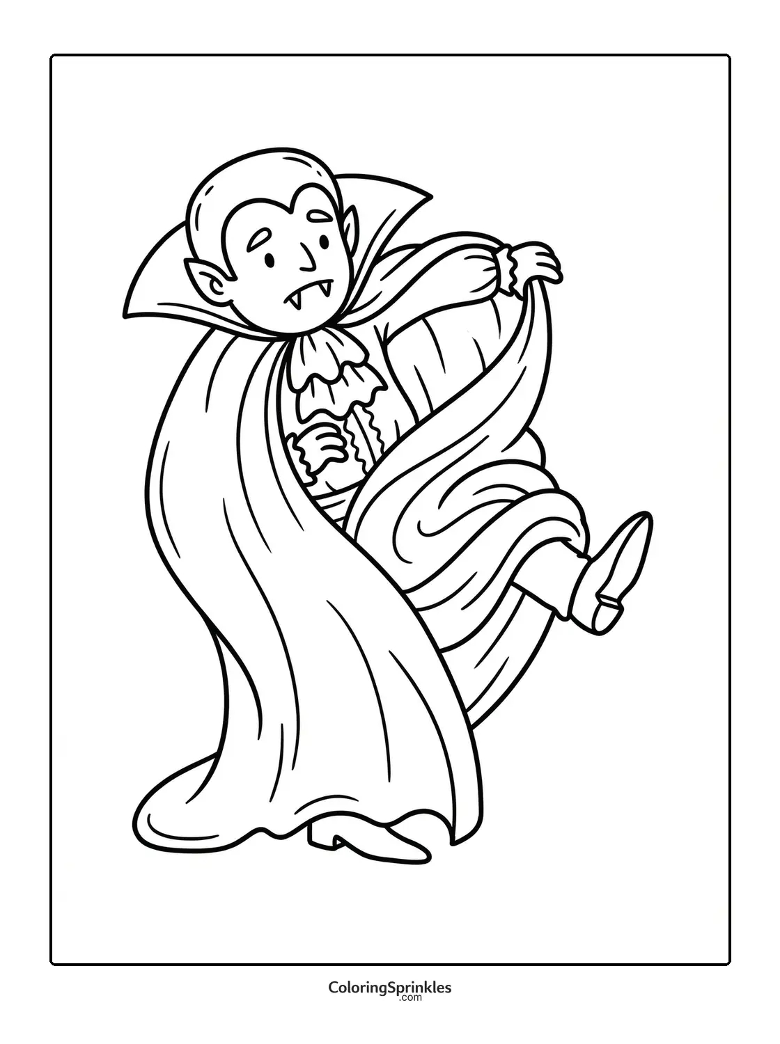 Coloring page of a vampire kicking with cape open