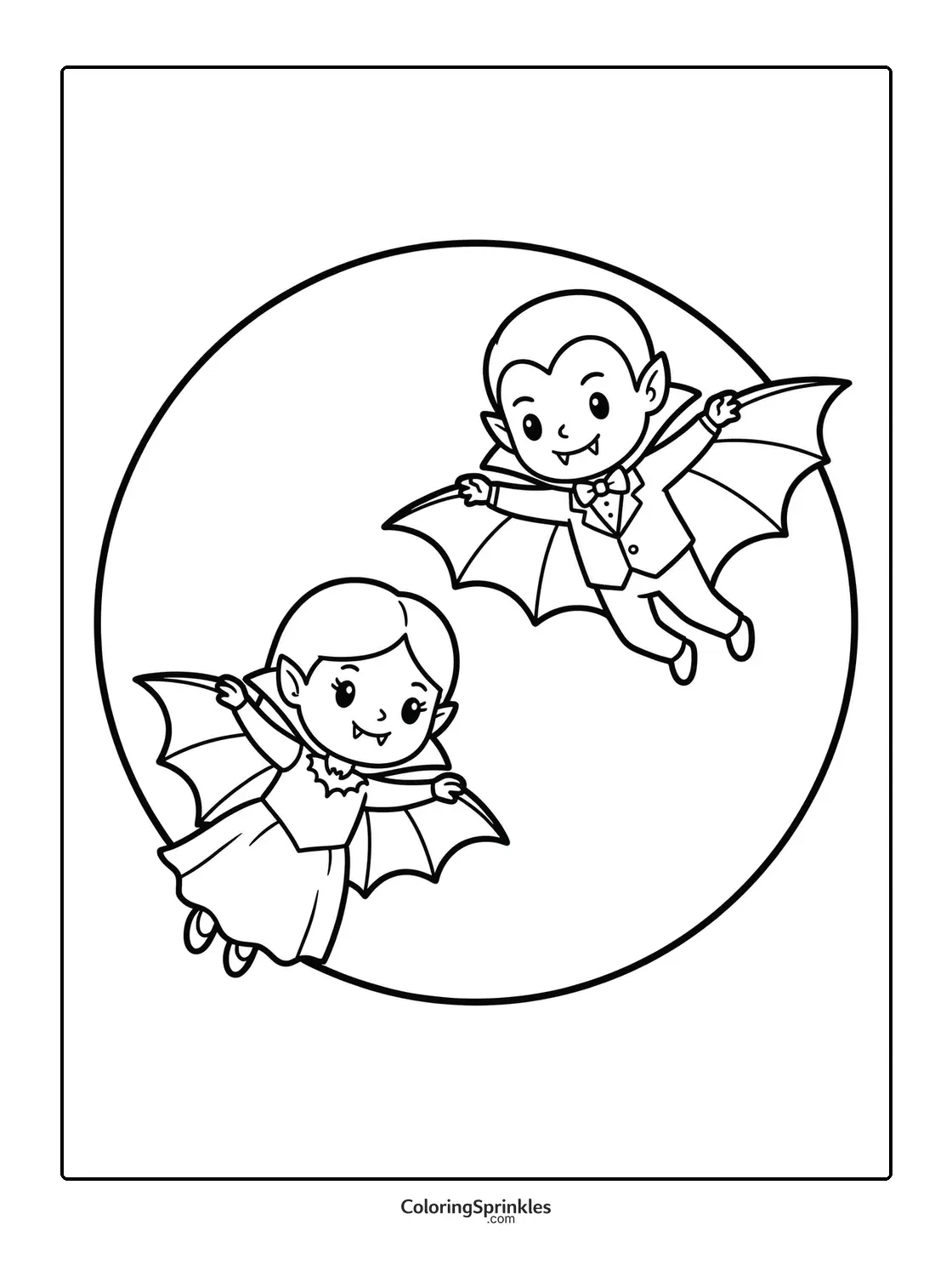 Coloring page of vampire kids flying in front of a full moon