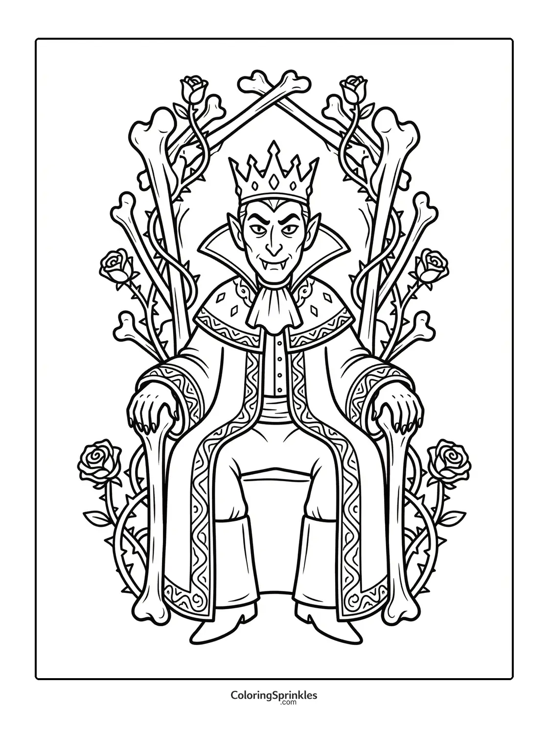 Coloring page of a vampire king sitting on a throne made of bones and roses