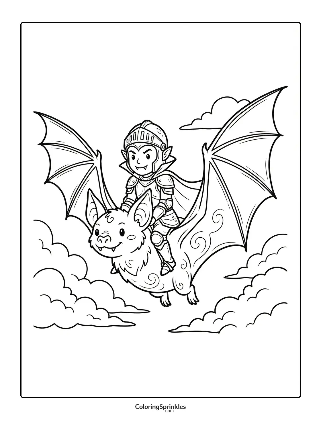 Coloring page of a vampire knight riding a flying bat through clouds