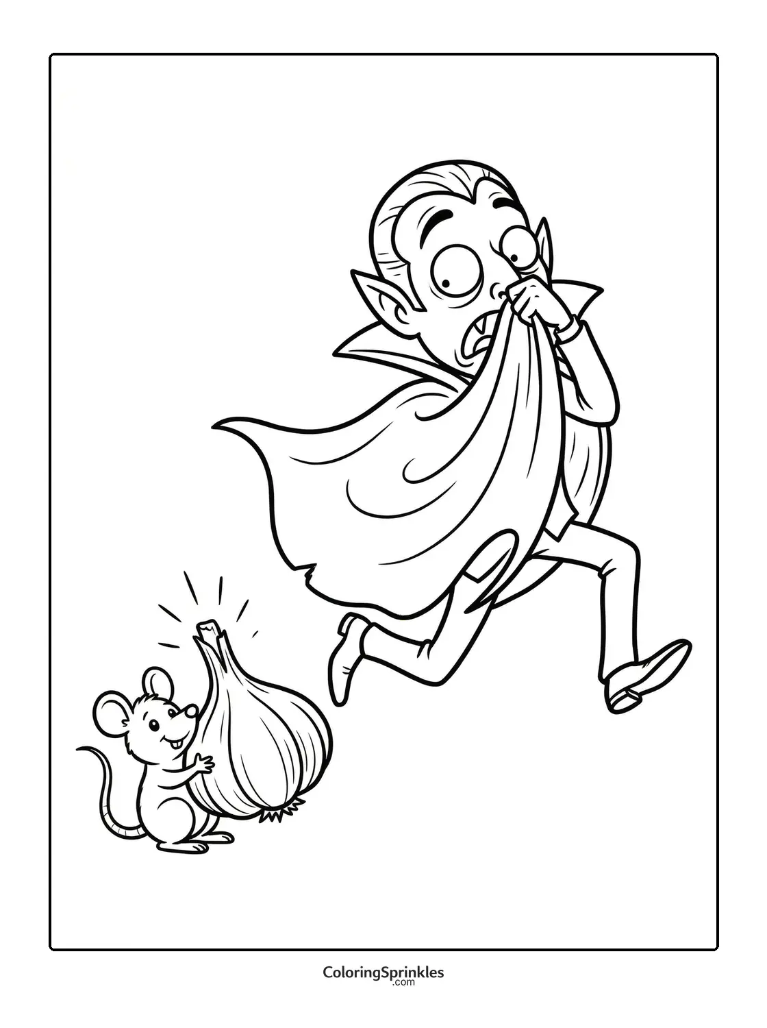 Coloring page of a funny vampire scared of a mouse holding garlic