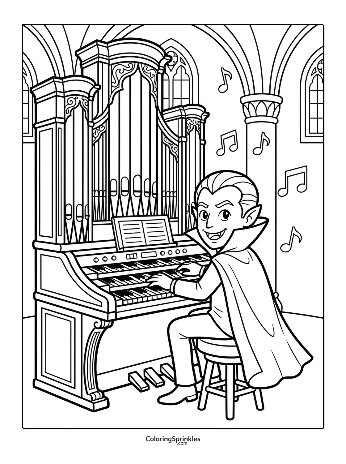Coloring page of a vampire playing an organ in a cathedral
