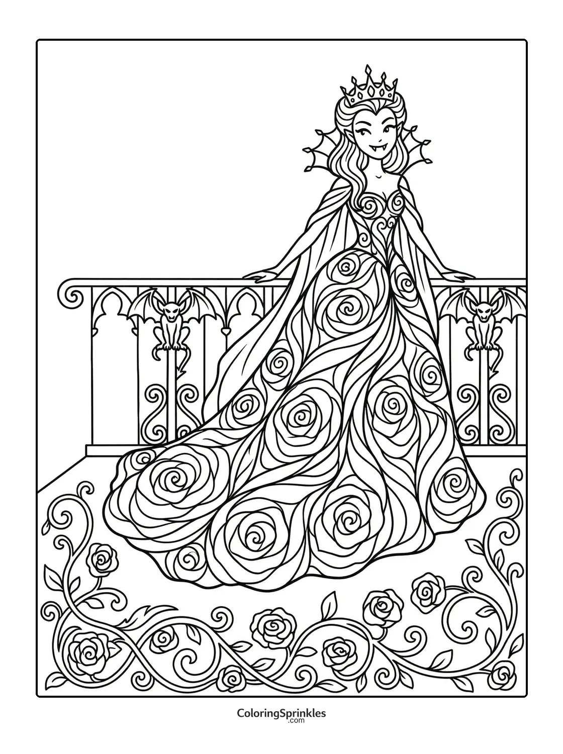 Coloring page of a vampire queen in a rose-patterned gown on a balcony with gargoyles