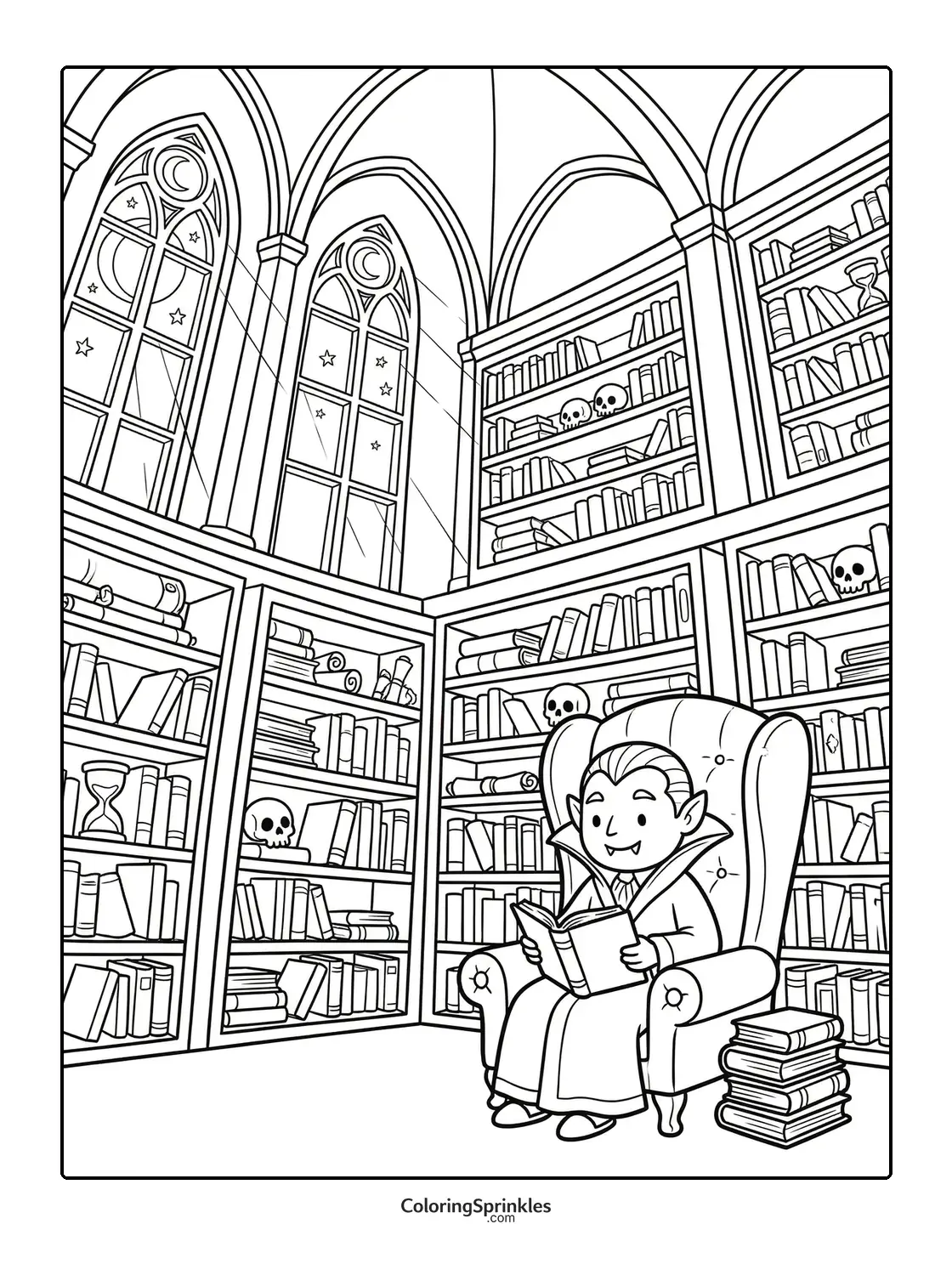 Coloring page of a vampire reading a book in a library with skulls on shelves