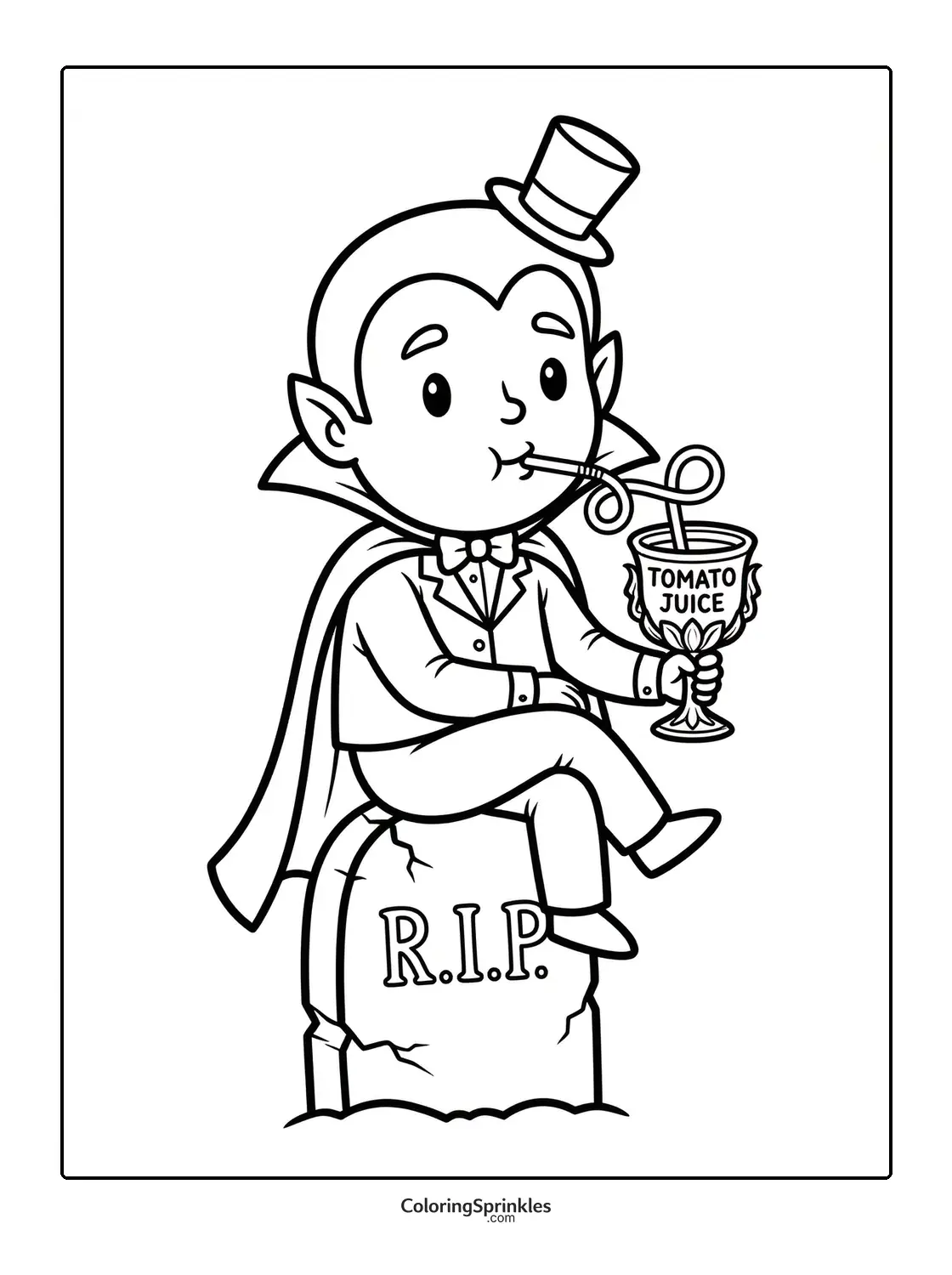 Coloring page of a vampire sitting on a tombstone drinking tomato juice