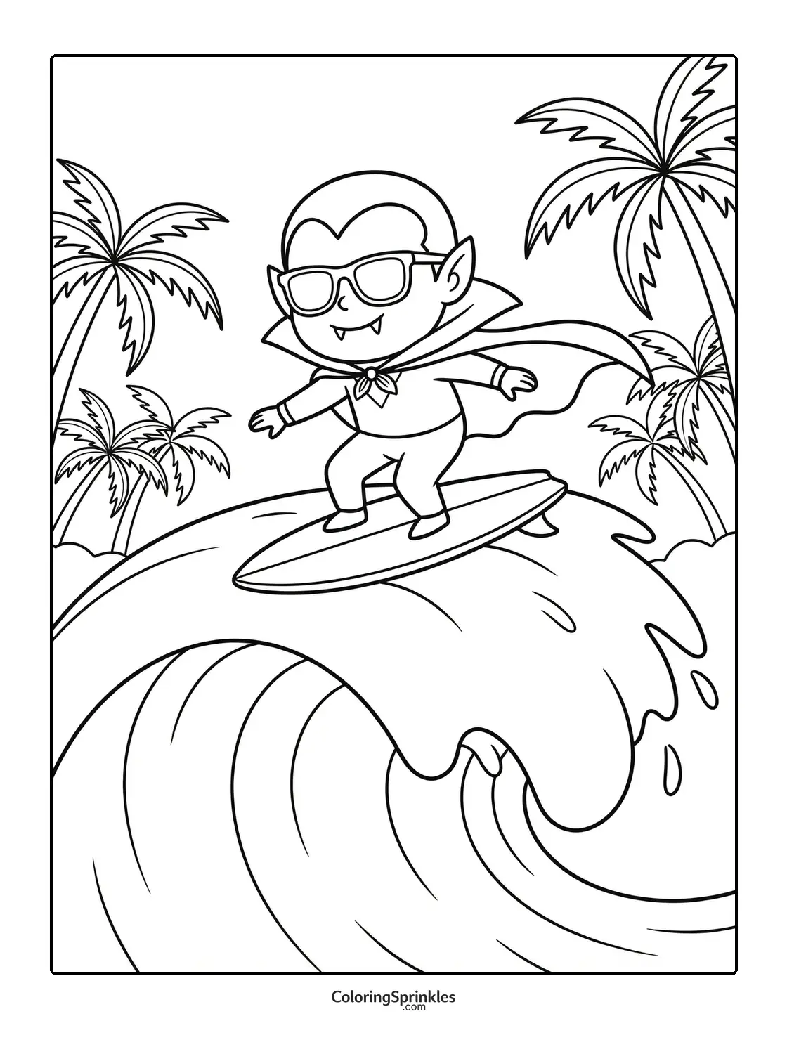 Coloring page of a vampire surfing a large wave with palm trees in the background