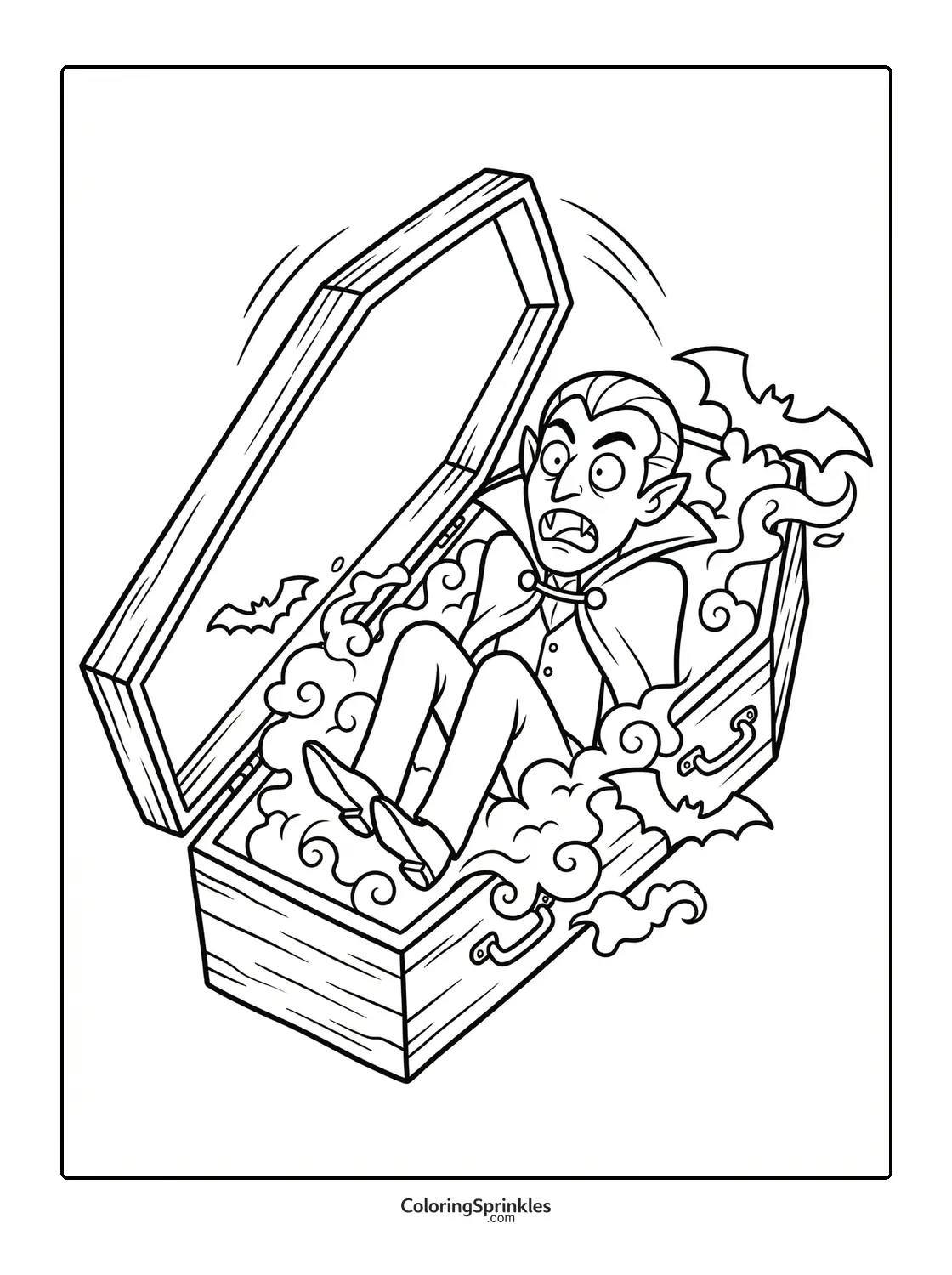 Coloring page of a surprised vampire rising from a coffin with bats and smoke