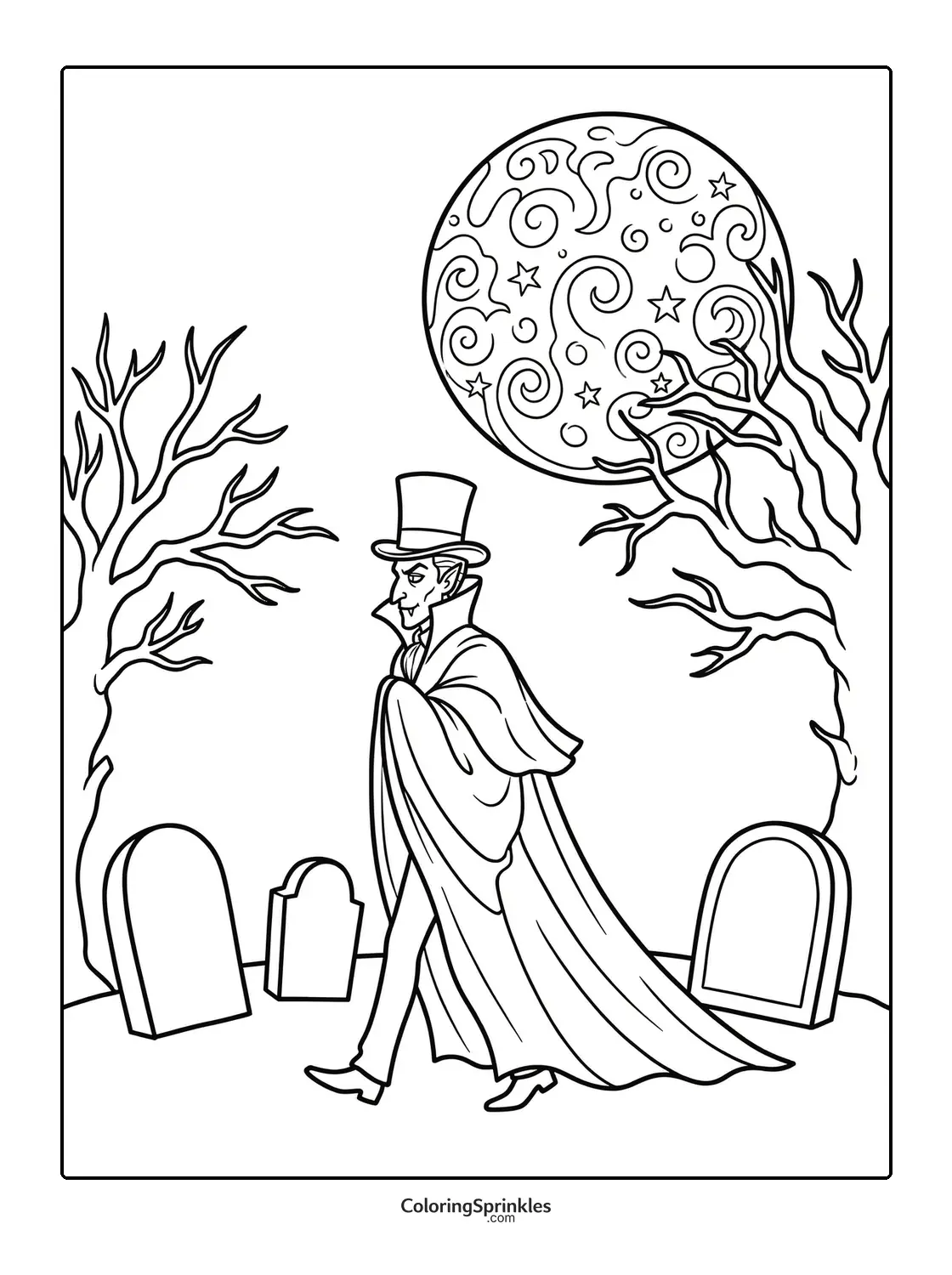 Coloring page of a vampire walking in a graveyard under a full moon
