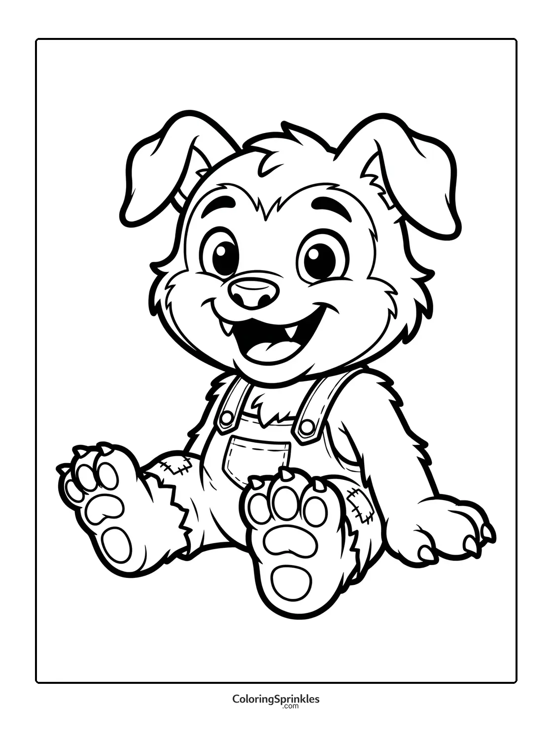 Coloring page of a cute baby werewolf sitting wearing overalls