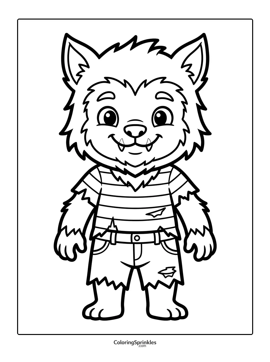 Coloring page of a cute werewolf boy wearing a striped shirt and torn shorts